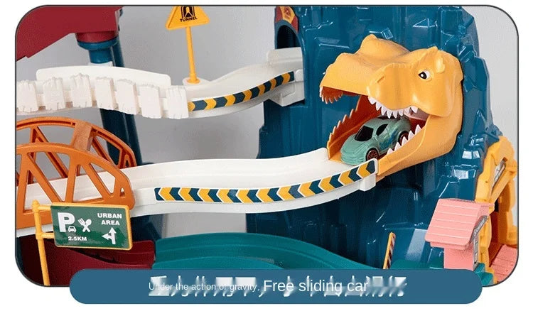 Elektrische Schienenauto Dinosaurier Gebäude Parkplatz Abenteuer Racing Schienenauto Spielzeug Kinder Gehirn Mechanische Interaktive Schienenautos