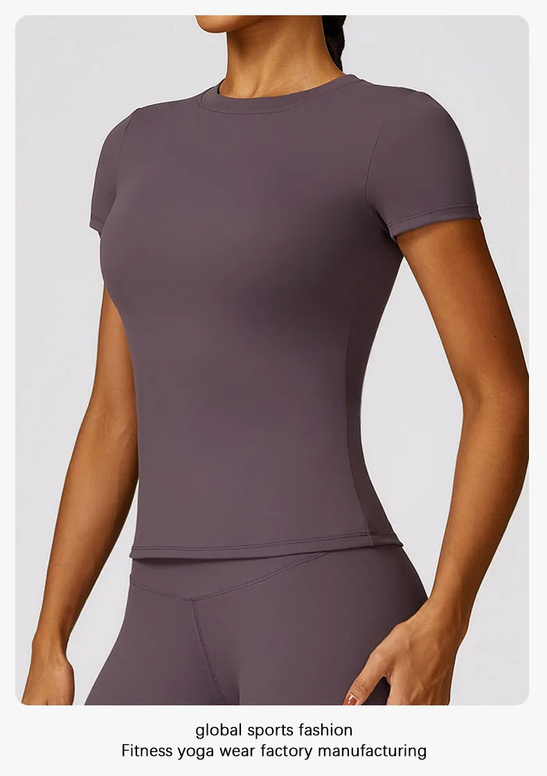 Damen-Sport-T-Shirt, Sommer, kurzärmelig, Laufen, Rundhalsausschnitt, atmungsaktiv, dehnbar, Fitnessstudio, Yoga, schlank, Fitness, aktives Top-T-Shirt