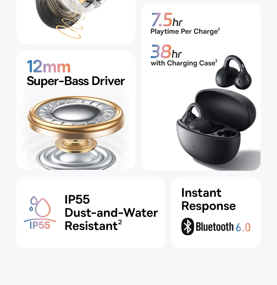 Baseus BC1 Ohrclip-Ohrhörer, kabellose Open-Ear-Kopfhörer, Bluetooth 6.0, Clip-on-Sportkopfhörer, 4 Mikrofone, Super-Bass, IP55, Ohrhörer