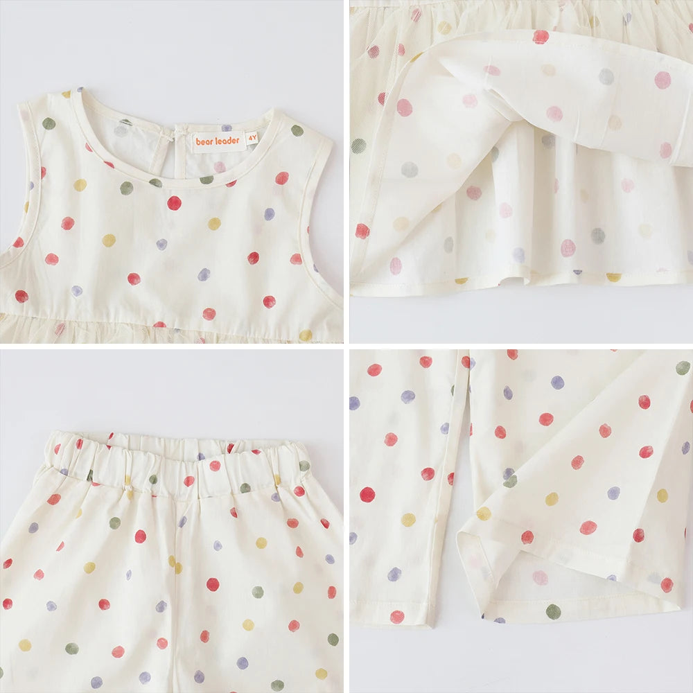 Bear Leader Baby-Mädchen-Freizeitkleidung, Rundhalsausschnitt, ärmelloses Polka-Dot-Oberteil + Hose mit weitem Bein, 2-teiliges Set mit Schleife und Knopf