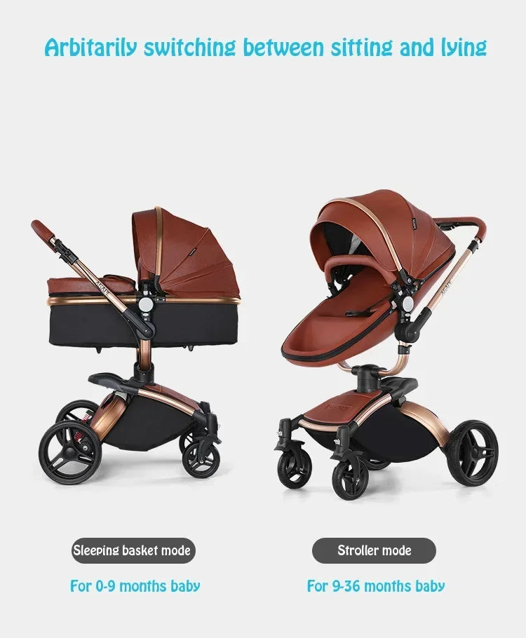 Kinderwagen 3in1 mit abnehmbarem Korb im Autositz. Hochformatige Eierschale aus PU-Leder, Babywagen, Luxuswagen für Babyautos