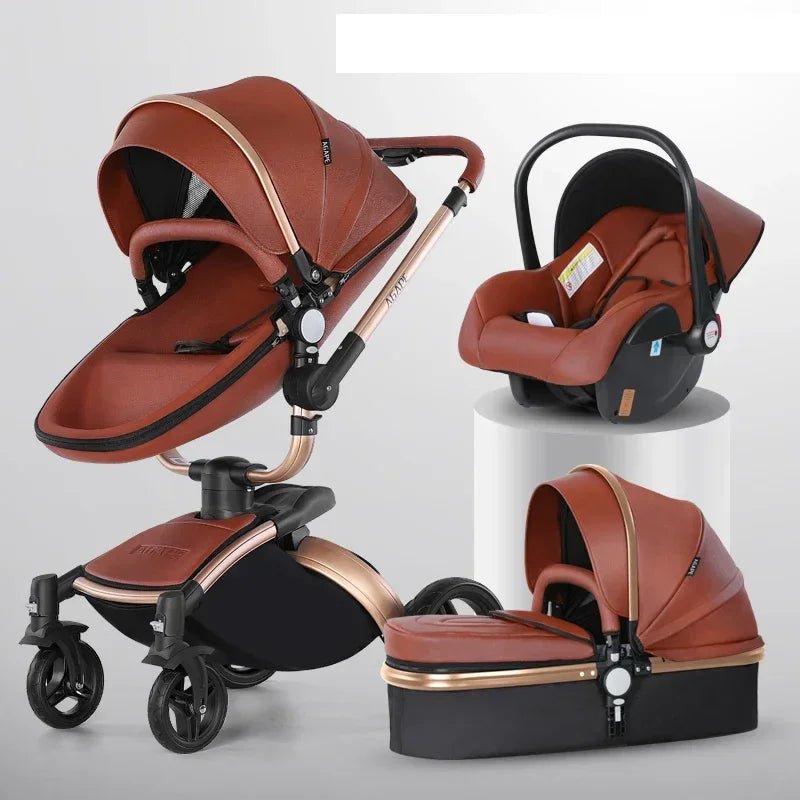 Kinderwagen 3in1 mit abnehmbarem Korb im Autositz. Hochformatige Eierschale aus PU-Leder, Babywagen, Luxuswagen für Babyautos