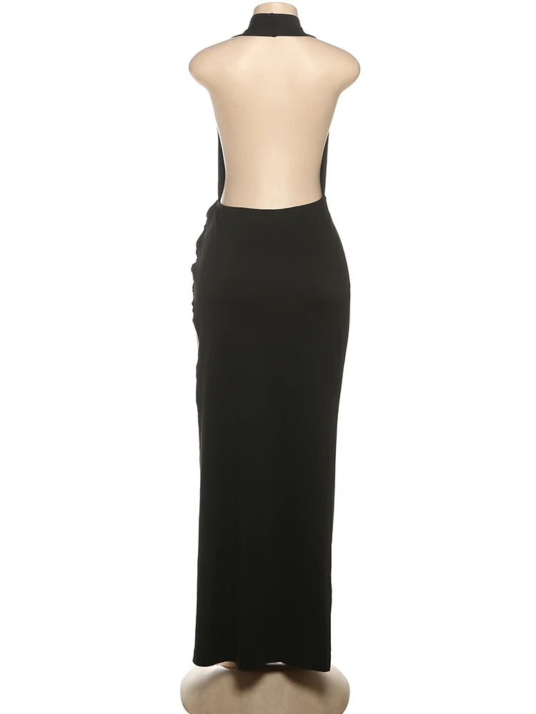 Sisterlinda Sexy High Splits Langes Kleid Frauen Halter Tiefem V-ausschnitt Backless Ärmellose Sommer Pool Party Geraffte Elegante Vestidos