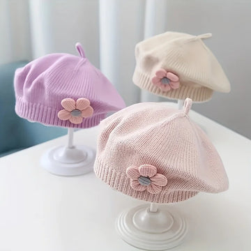 Blume Baby Baskenmütze Hut Winter Warme Gestrickte Beanie Cap für Kleinkind Mädchen Koreanische Kleinkind Prinzessin Künstler Einfarbig Maler Kappen