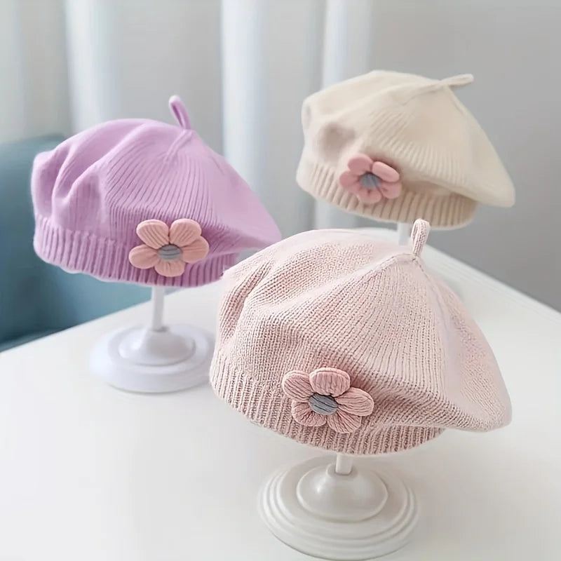 Blume Baby Baskenmütze Hut Winter Warme Gestrickte Beanie Cap für Kleinkind Mädchen Koreanische Kleinkind Prinzessin Künstler Einfarbig Maler Kappen