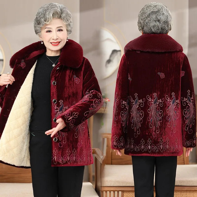 Winter-Damenjacke mit Baumwollpolsterung, 50 bis 80 Jahre alt, Oma-Mantel, dicker Samt, warm, mittleres Alter, Mutterpositionierung, Blumenparka