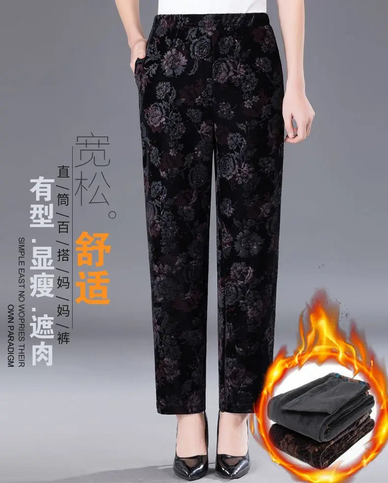 Herbst-Winter-Samthose mit Blumenmuster für Ältere Frauen, Lose Warme Verdickte Freizeithose für Oma und Mutter