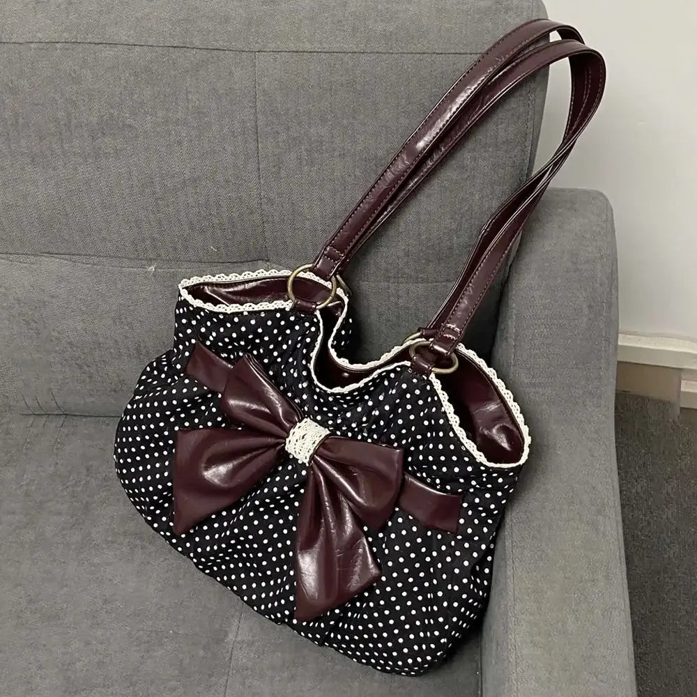 Trendy Vintage Damen Schleife Handtasche Ästhetische Dot Casual Chic Lady Schultertaschen Y2k All Match Ins Unterarmtasche Streetwear