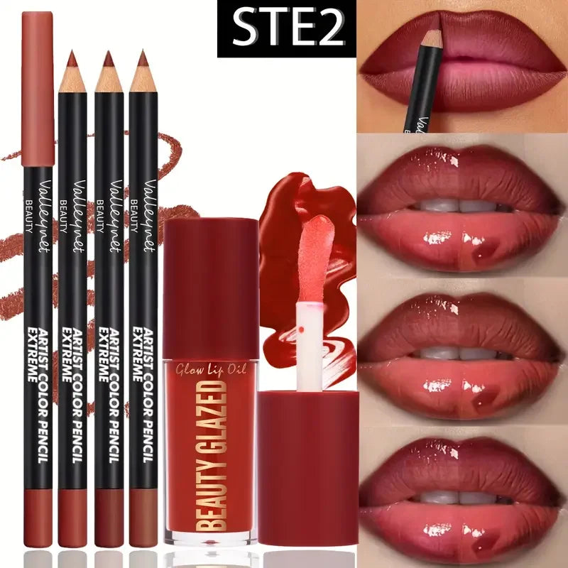 4-teiliges Lippen-Set – 3 Stück Lipliner + 1 Stück Lip Glaze, wasserfest und langanhaltender mattierter Effekt, vielseitig einsetzbar für lässige und formelle Anlässe.
