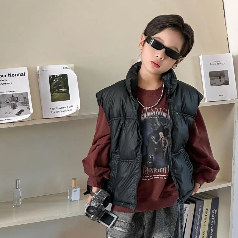 Herbst Winter Neue Jungen Mädchen Weste Einfarbig Dicke Warme Daunen Baumwolle Zipper Weste Für 3-12 Jahre Teen kinder Casual Oberbekleidung