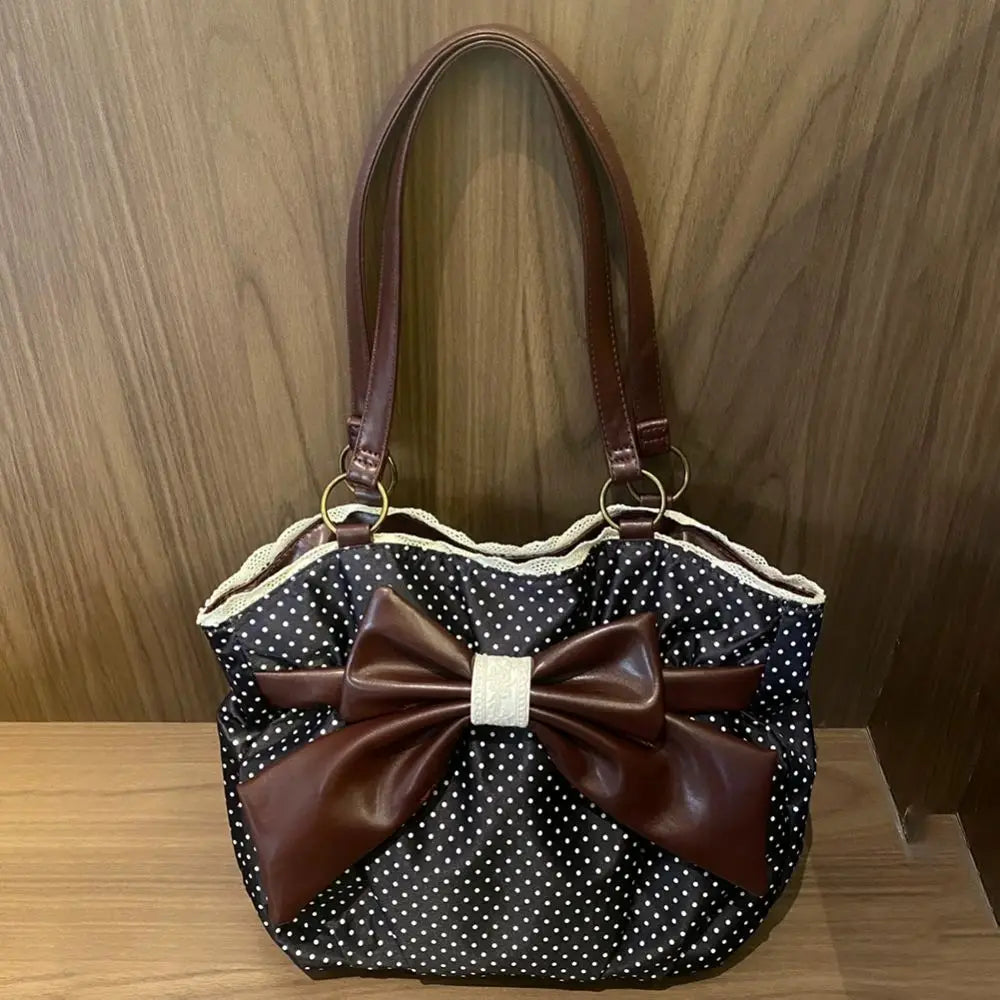 Trendy Vintage Damen Schleife Handtasche Ästhetische Dot Casual Chic Lady Schultertaschen Y2k All Match Ins Unterarmtasche Streetwear