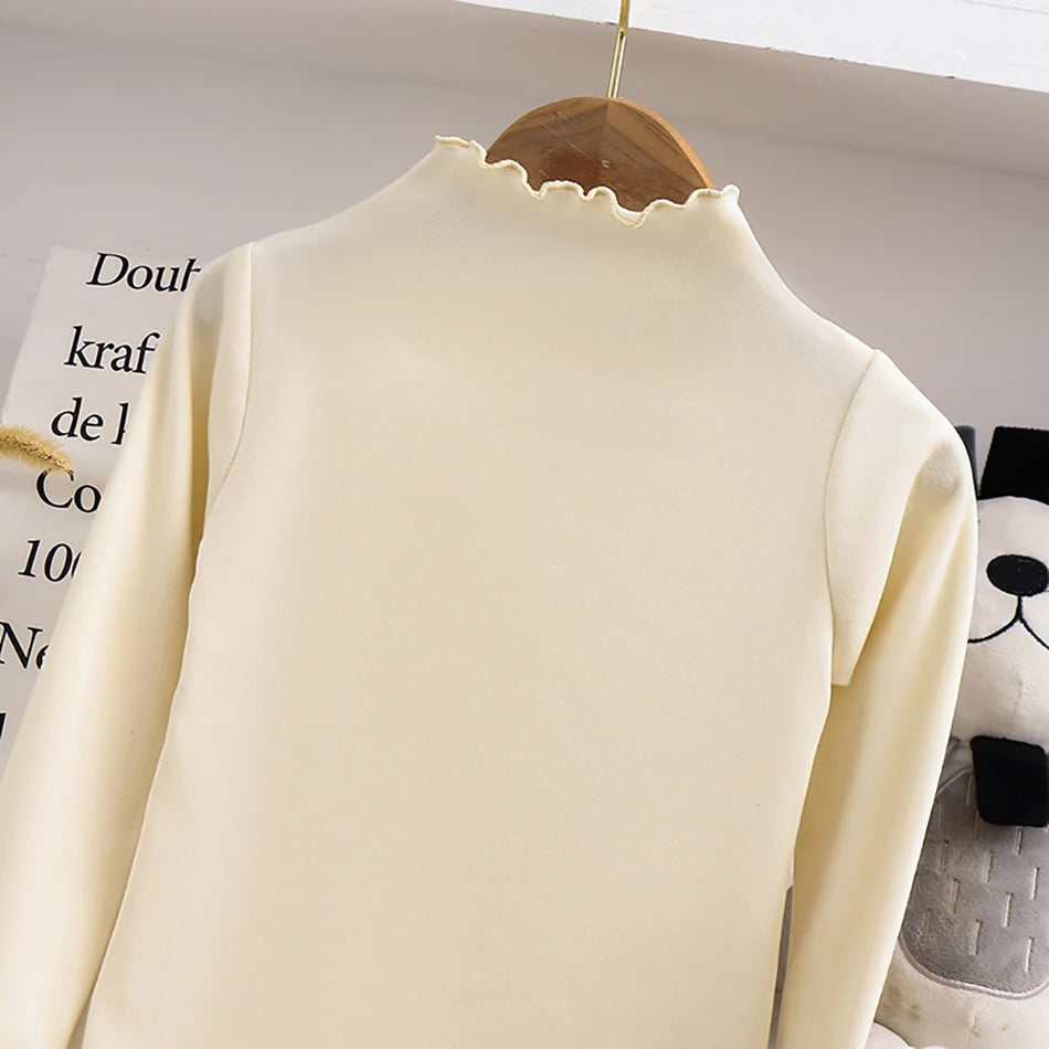 Herbst-Winter-Langarm-T-Shirt für Mädchen, einfarbig, mit Rüschenkragen, modisches, bequemes T-Shirt für den Alltag
