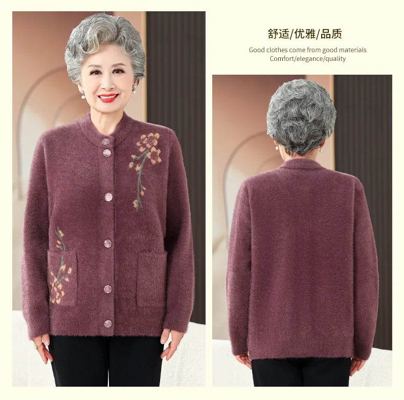 Oma Dicke Warme Nerz Samt Pullover Top Winter Mittleren Alters Mutter Draußen Tragen Strickjacke Jacke Vintage Frauen Gestrickte Mantel