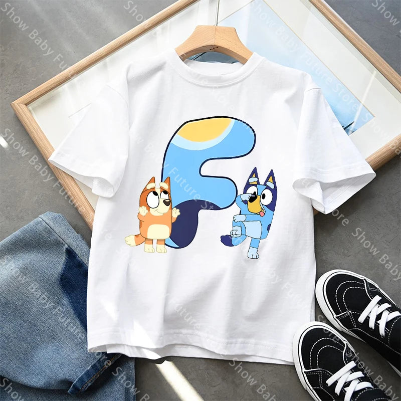 Blueys T-Shirt für Jungen und Mädchen, Cartoon-Buchstaben A-Z, Namenskleidung, Oberteile, Sommer, atmungsaktiv, niedliches Anime-Kurzarmshirt, neue Geburtstagsgeschenke