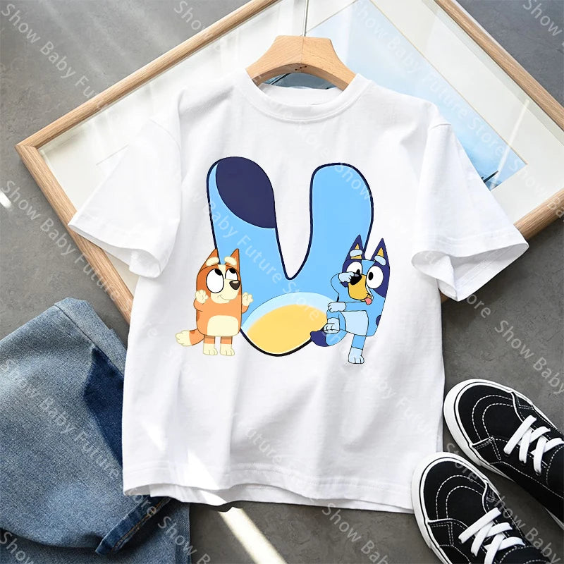 Blueys T-Shirt für Jungen und Mädchen, Cartoon-Buchstaben A-Z, Namenskleidung, Oberteile, Sommer, atmungsaktiv, niedliches Anime-Kurzarmshirt, neue Geburtstagsgeschenke