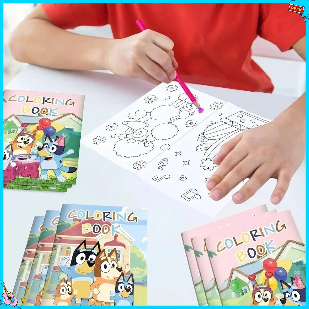 12er-Set Bluey Blue Dog DIY Malbuch für Feiertage und Partys, farbenfrohes Stoff-Zeichenbuch, halbierbares Bilderbuch, Graffiti-Malbuch
