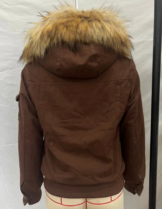 Braune Damen Slim Fit Vintage Pelzkragen Jacke Reißverschluss Kpop Y2K High Street Chic Oberbekleidung für Frauen Teenager, Herbst Winter Geschenk