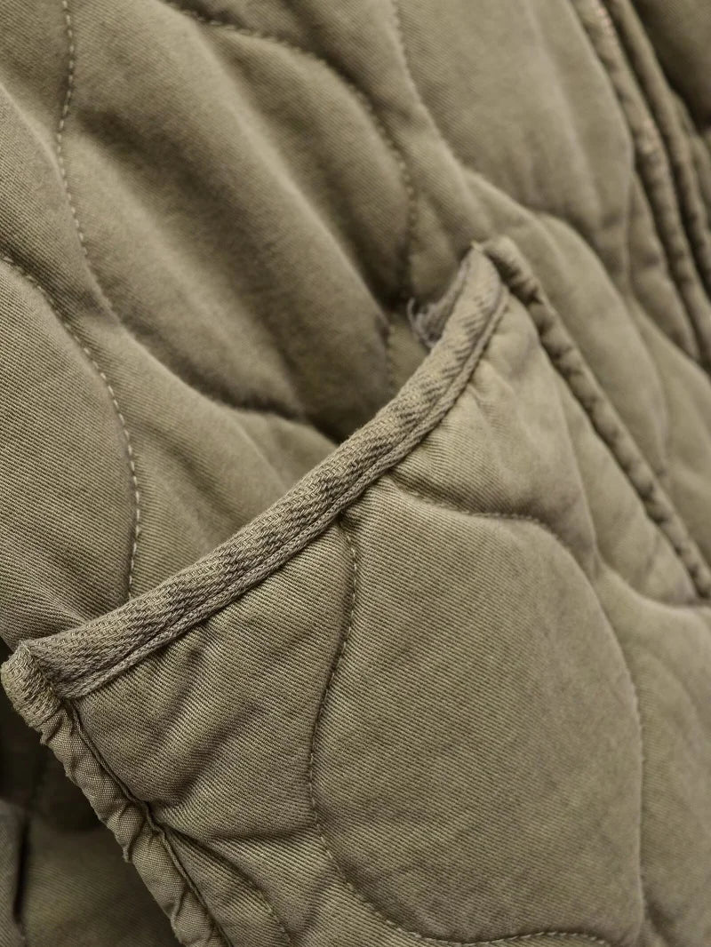 Damen Polyester Gefütterte Jacke 2026 Neuerscheinung Vintage Lenzing Rayon Hochkragen Große Tasche Dekorativer Gesteppter Mantel für Frauen