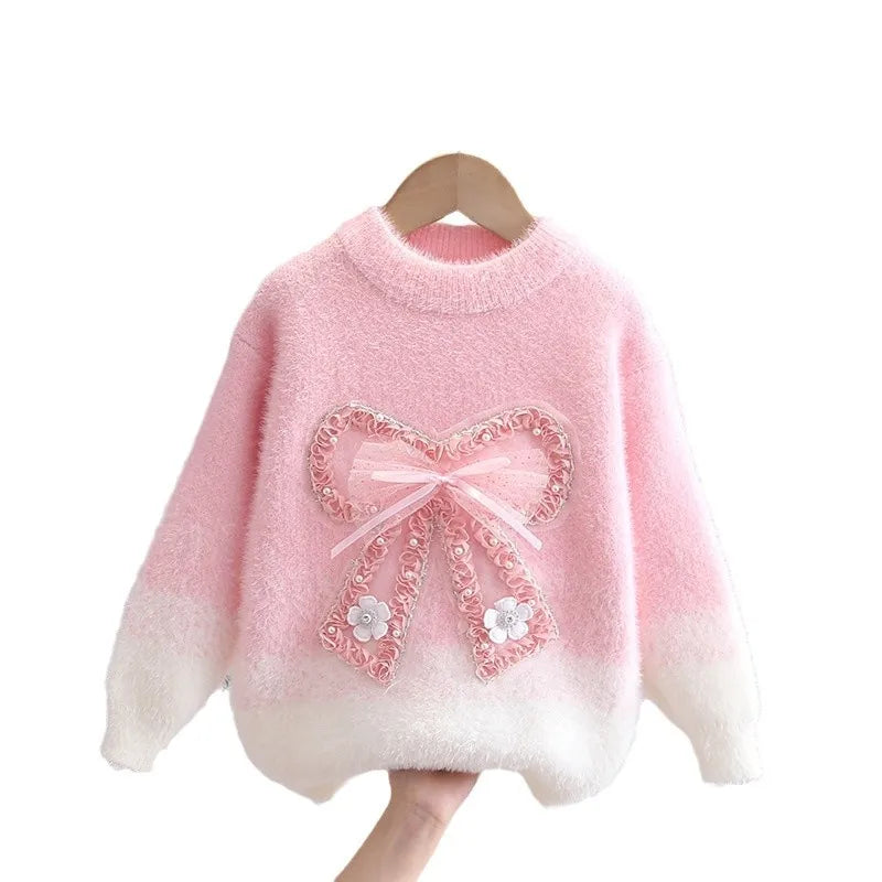 Herbst Winter Teenager Mädchen Pullover verdickt Kunst Nerz Pelz Kinder Strickpullover Junior Kinder 3D Fliege warme Basis Top Kleidung