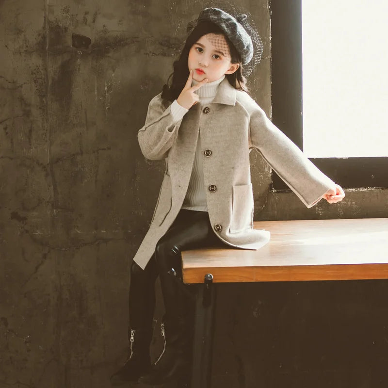 Mädchen Wolle warme Mäntel Kinder Herbst Winter lässige Oberbekleidung Kinder feste Farbe Mode Jacke Teen Turndown Kragen Kleidung