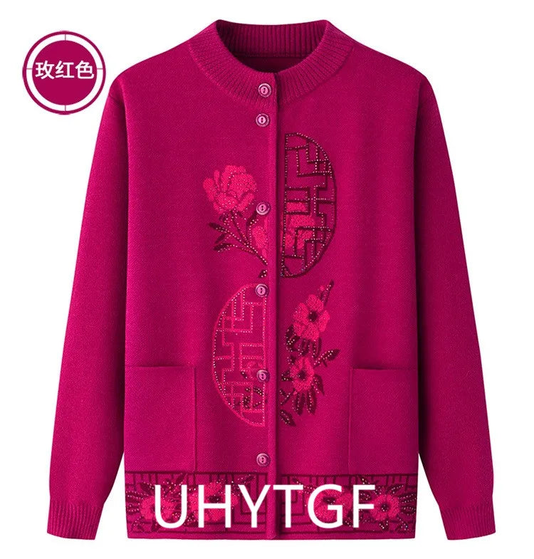 2025 Oma Pullover Frauen Frühling Herbst Pullover Mantel Mutter Strickjacke Für Frau Samt Strickwaren Weibliche Kleidung 5XL 2898
