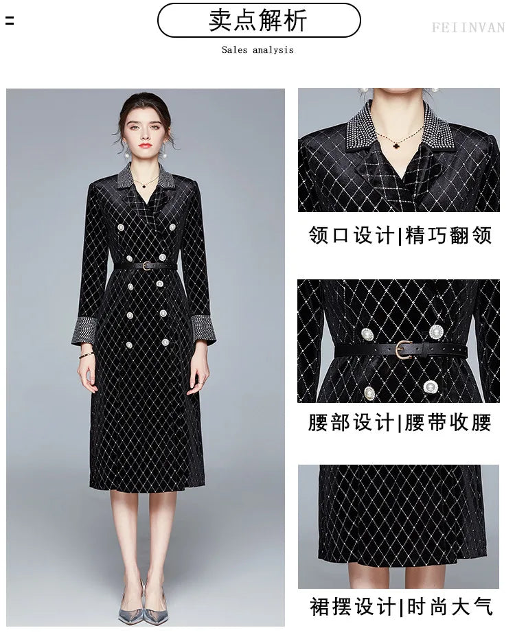 Frauen neue zweireihige kleid bohrer perle samt graben mantel herbst kaminsims damen