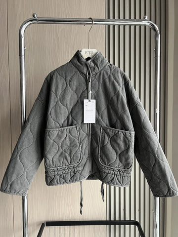 Damen Polyester Gefütterte Jacke 2026 Neuerscheinung Vintage Lenzing Rayon Hochkragen Große Tasche Dekorativer Gesteppter Mantel für Frauen
