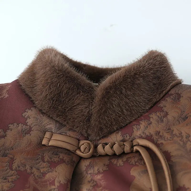 Damenmantel im chinesischen Stil mit Blumenmuster, gefüttert mit Fleece, aus Baumwolle, dicker Wintermantel, Tang-Anzugjacke für ältere Damen, Mütter und Großmütter.