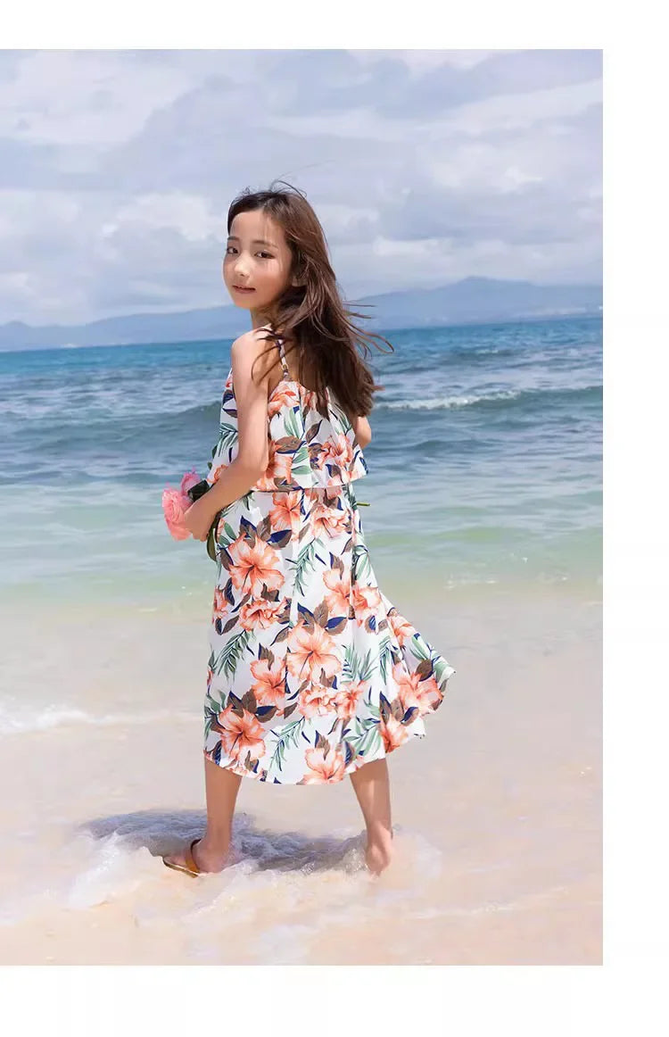 Family Look Vacation Beachwear Mother Daughter Sleeveless Dress Dad Son Matching Floral Shirt Set Parent-Child Holiday Outfits