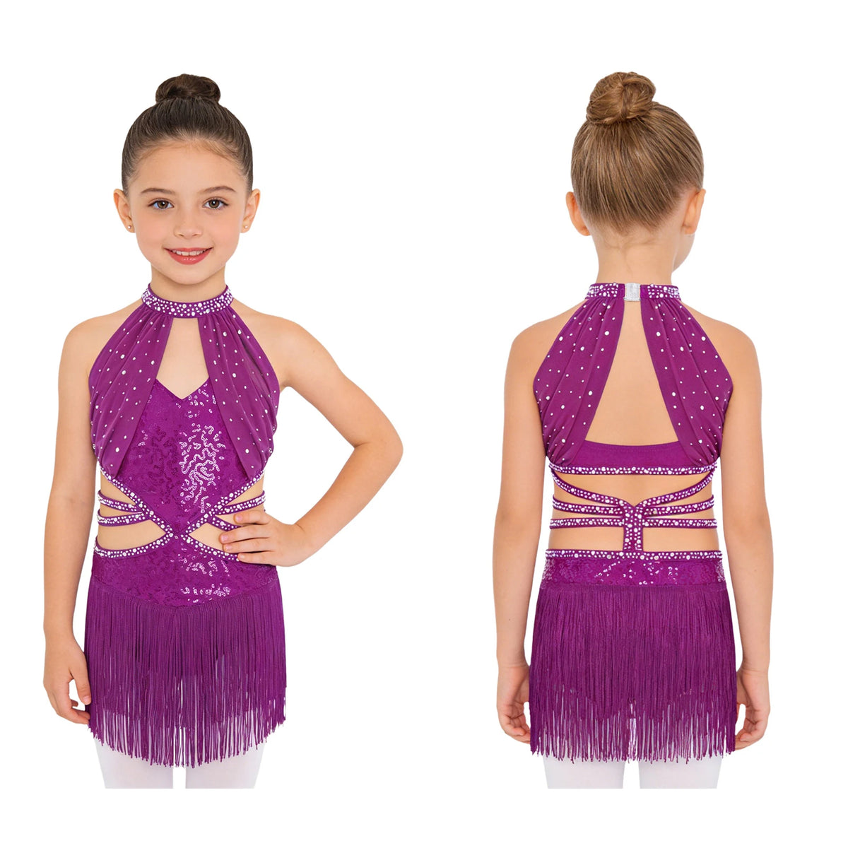 Glitzerndes Pailletten-Lateintanzkleid für Mädchen, Salsa, Jazz, Tango, ärmellos, gerüschtes Mesh-Overlay, Oberteil mit Quasten, Leotard-Kleid