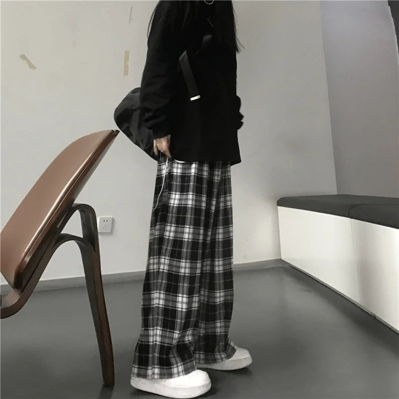 Oversize Frauen Jogginghose Mode Schwarz Plaid Casual Hosen Baggy Elastische Taille Taschen Student Unisex Hip Hop Lose Hosen
