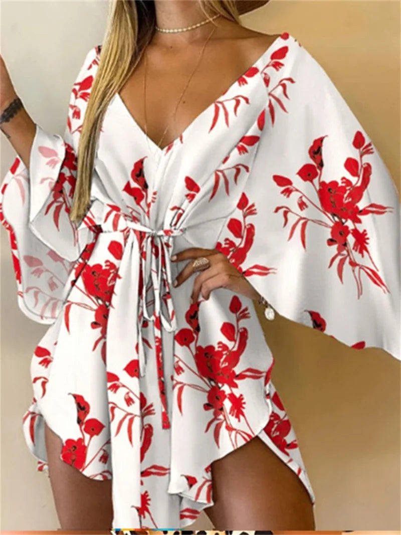 Frauen Print Kleid Sexy V-ausschnitt Fledermaus Ärmel Rüschen Blumen Drucken Böhmischen Strand Sommerkleid Damen Lose Sommer Urlaub Mini Kleider