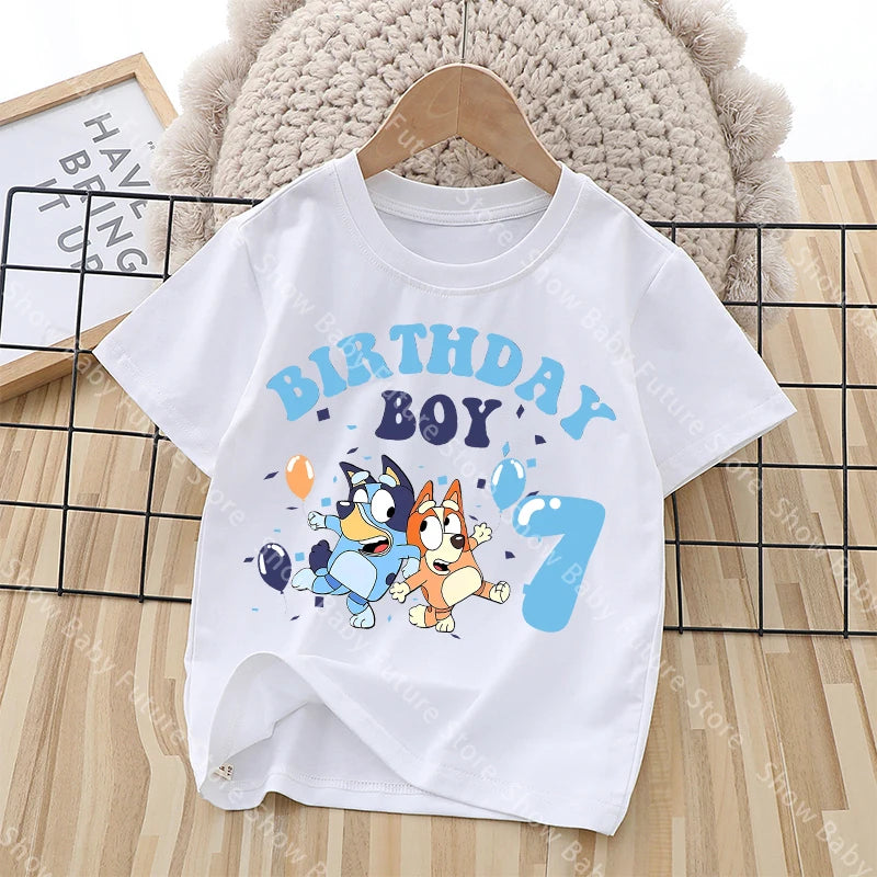 Cartoon Blueys Es ist mein Geburtstag Nummer 1-9 T-Shirt für Jungen Mädchen Sommer Kawaii Baumwollkleidung Oberteile Anime Kurzarm Süßes Geschenk