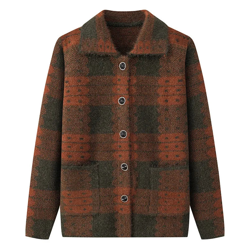 Casual Plaid Herbst Winter Kleidung Mittleren Alters Mutter Pullover Strickwaren Tops Verdicken Oma Warm Woolen Mantel Frauen Strickjacke
