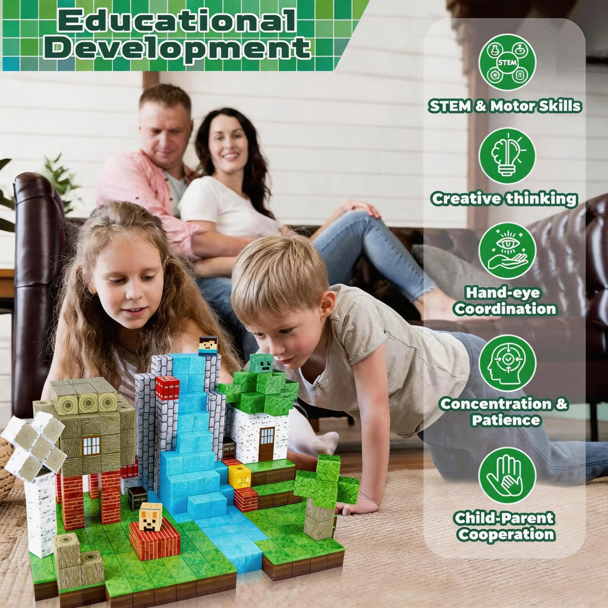 Pixel Mining Magnetisches Waldhaus-Würfel-Baustein-Set, STEM Lernspielzeug, Bestes Geschenk für Kinder ab 3 Jahren, 100 Teile