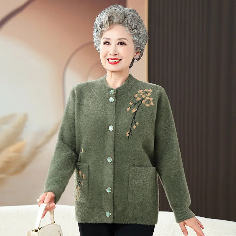 Oma Dicke Warme Nerz Samt Pullover Top Winter Mittleren Alters Mutter Draußen Tragen Strickjacke Jacke Vintage Frauen Gestrickte Mantel