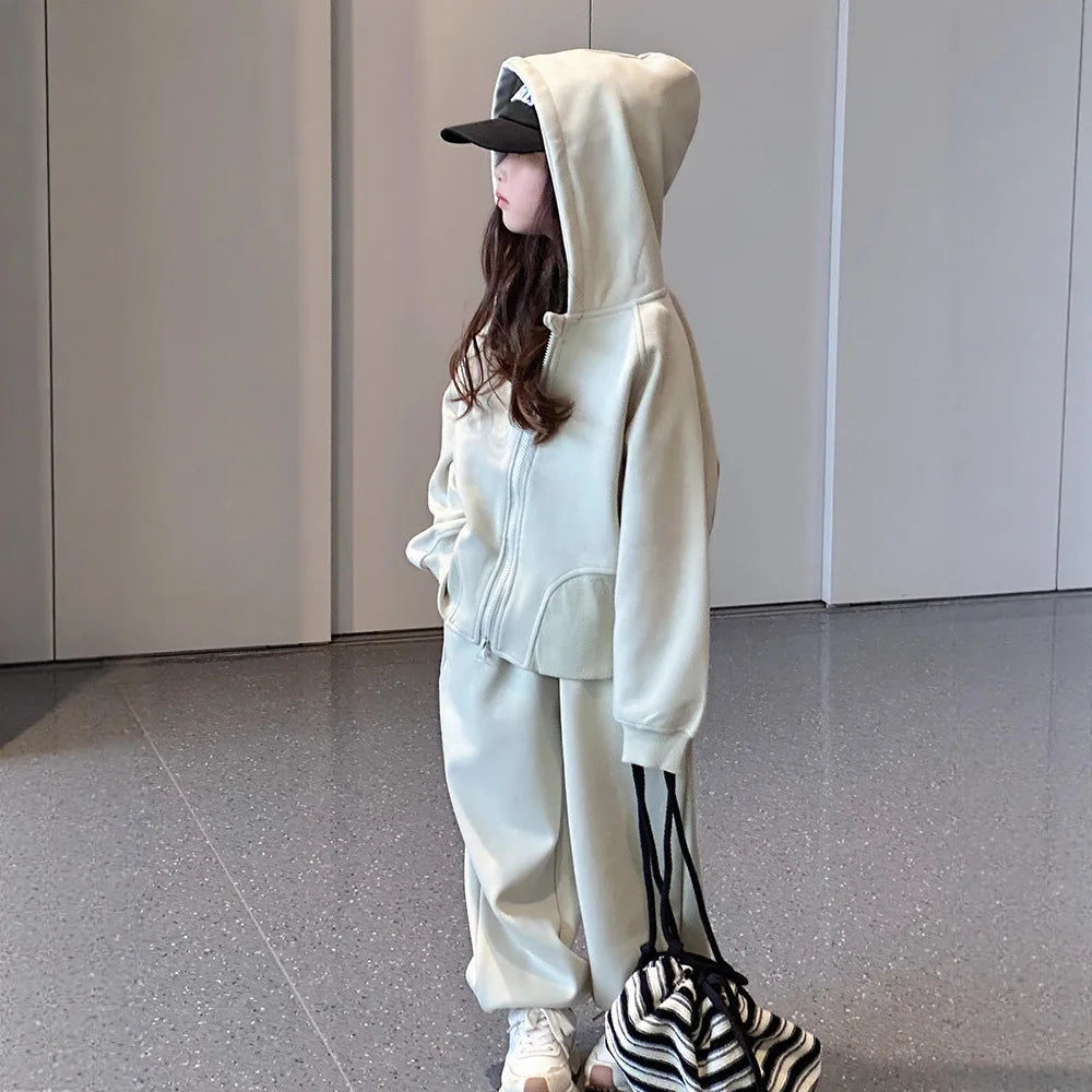 2026 Winter Herbst Teenager-Mädchen-Set: Lose Jacke mit Kapuze + Trainingsanzug mit weiten Hosen, Kinderkleidung, Outfit für Kinder 4 8 10 12 Jahre