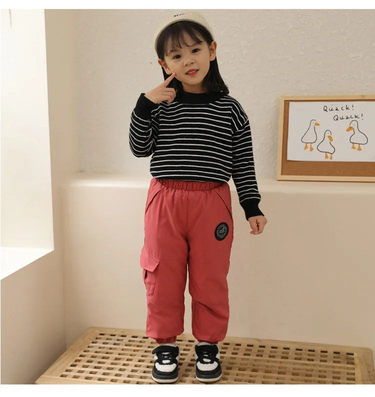 Kinder-Daunenhosen Herbst Winter Jungen Mädchen Einfarbige Dicke Warme Winddichte Hosen Für 4-12-Jährige Teenager Kinder Baumwoll-Schneehosen