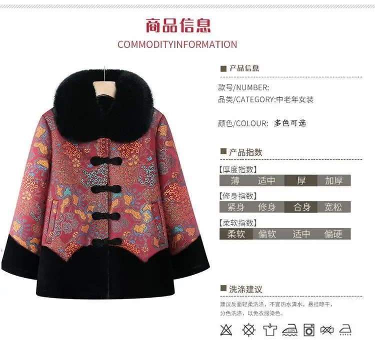 Chinesischer Stil, floraler, mit Fleece gefütterter Mantel für ältere Frauen, Kunstpelzkragen, Tang-Anzug, warme Winter-Oma-Oberbekleidung