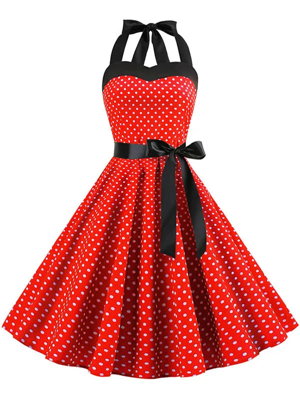 Frauen Polka Dot Print Sommer Kleid Sexy Retro Weiß Halter Vintage Kleid Robe Femme Pin Up Rockabilly Party Kleid