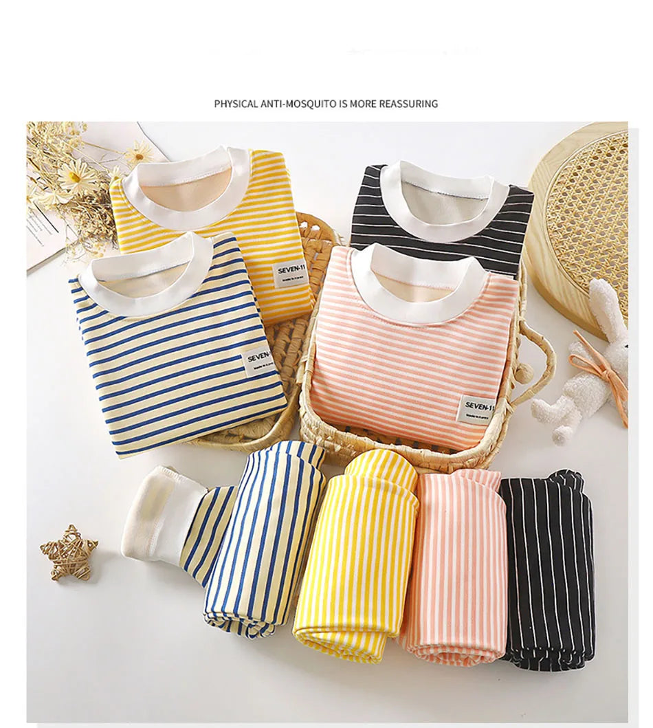 Warmes Baby-Kleidungsset mit Fleece-Futter für Kinder, Jungen und Mädchen, gestreifte Unterwäsche, Nachtwäsche-Set, ideal für Zuhause, Pyjamas, Herbst und Winter