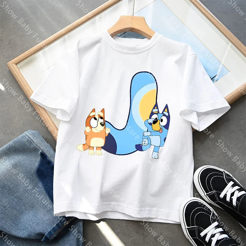 Blueys T-Shirt für Jungen und Mädchen, Cartoon-Buchstaben A-Z, Namenskleidung, Oberteile, Sommer, atmungsaktiv, niedliches Anime-Kurzarmshirt, neue Geburtstagsgeschenke