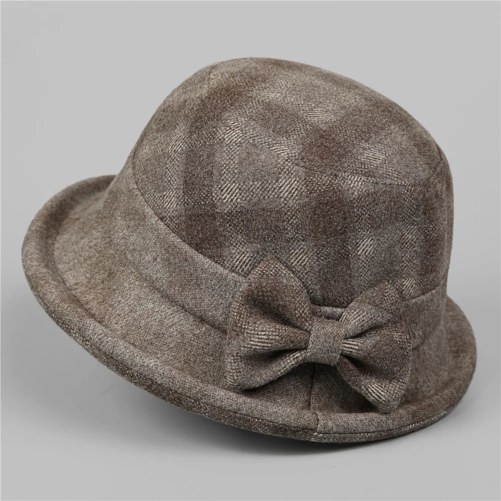 Elegante Schleife Herbst Winter verdickter karierter Fischerhut für Frauen mittleren Alters Mutter Oma