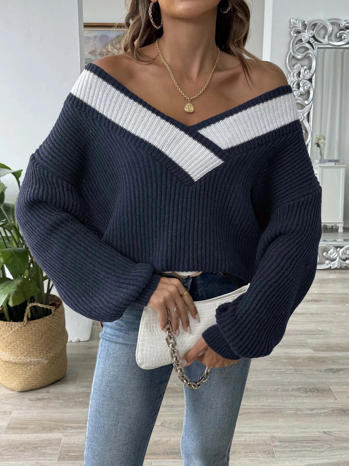 Frauen Invierno Pull Automne Femme Modische V-ausschnitt Lange ärmeln Lose Einfarbig Spleißen Pullover Pullover Herbst Modus Damen