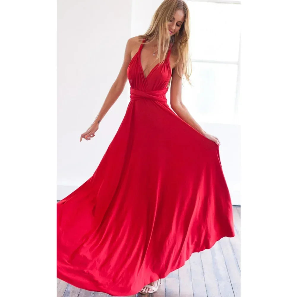 Mode Multi-getragen V-ausschnitt Vestidos De Fiesta Frauen Lange Kleid Sexy Geschnallt Dame Sommer Maxi Kleid