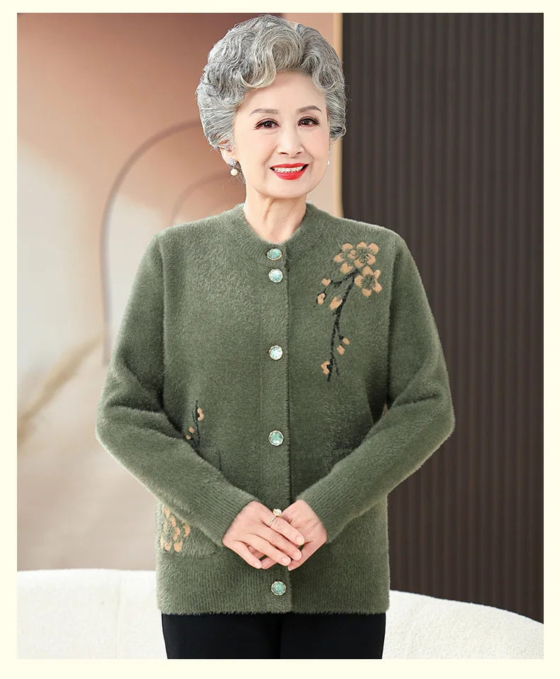 Oma Dicke Warme Nerz Samt Pullover Top Winter Mittleren Alters Mutter Draußen Tragen Strickjacke Jacke Vintage Frauen Gestrickte Mantel
