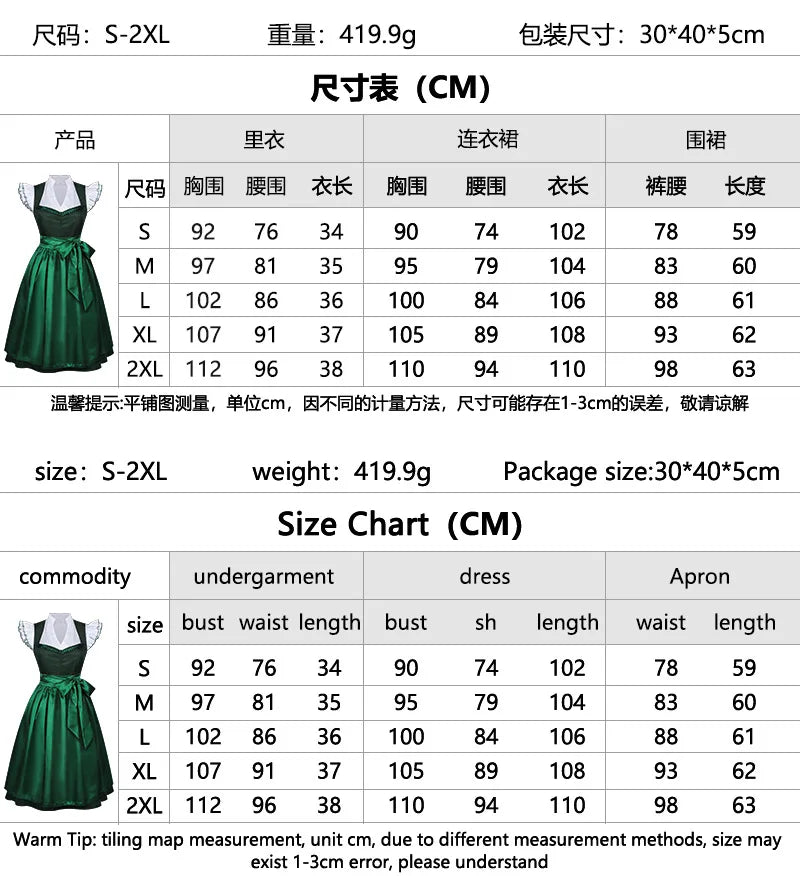 Damen-Dirndlkleid im mittelalterlichen Stil, deutsches Oktoberfest- und bayerisches Kleid mit Oberteil und Schürze, Kostüm für Halloween, Übergrößenkleid