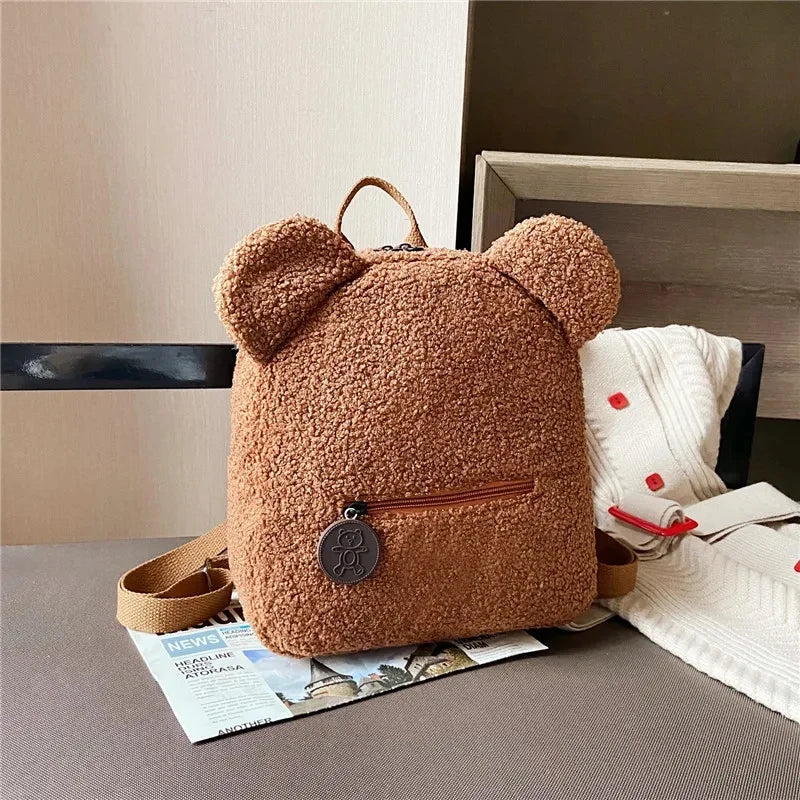 1 Stück Niedlicher Bärenohren-Fleece-Rucksack für Kinder Mädchen Lässiger Warmer Lammwoll-Tagesrucksack Schultasche Rucksack für Reisen und Einkaufen