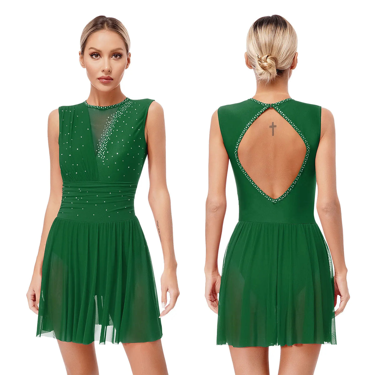 Damen-Ballettkleid mit Rüschen, lyrisches Tanzkleid, runder Kragen, ärmellos, Strass, rückenfrei, für Bühnenauftritte, Wettbewerb