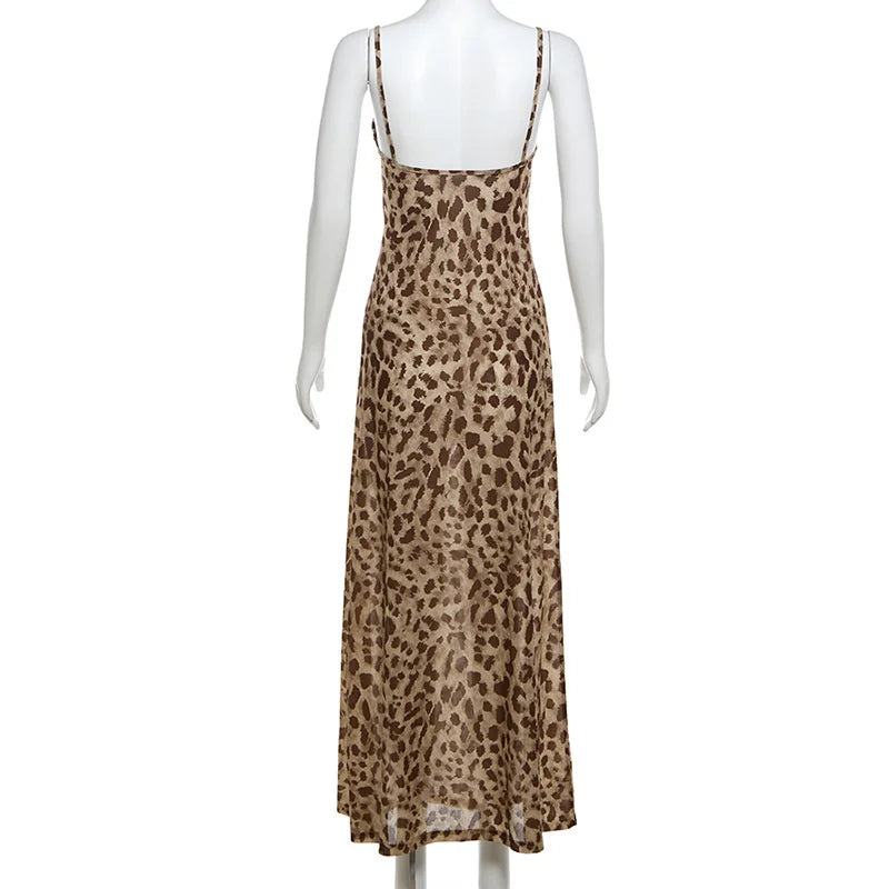 Vintage Leopard Print Sexy Cami Kleid Frauen V-ausschnitt Ärmelloses Party Kleid Mode 2024, Sommer Streetwear Kleid